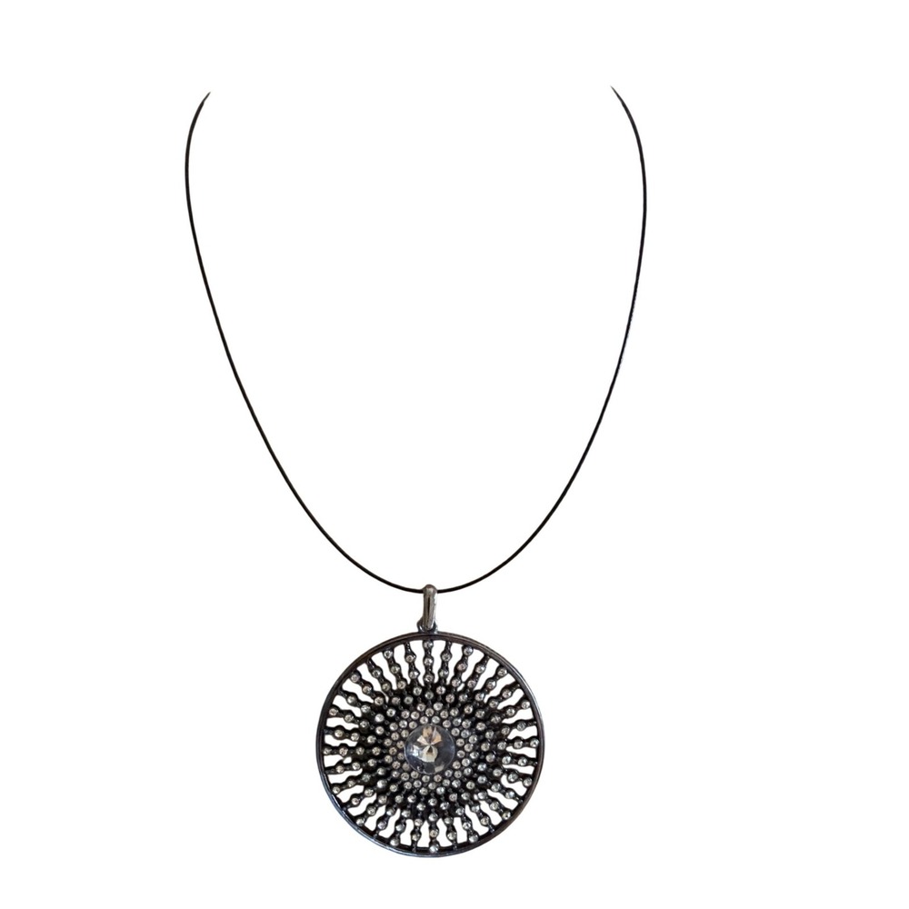 Gunmetal Sunburst Rhinestone Statement Pendant Necklace‎ Black Wire Cord Goth